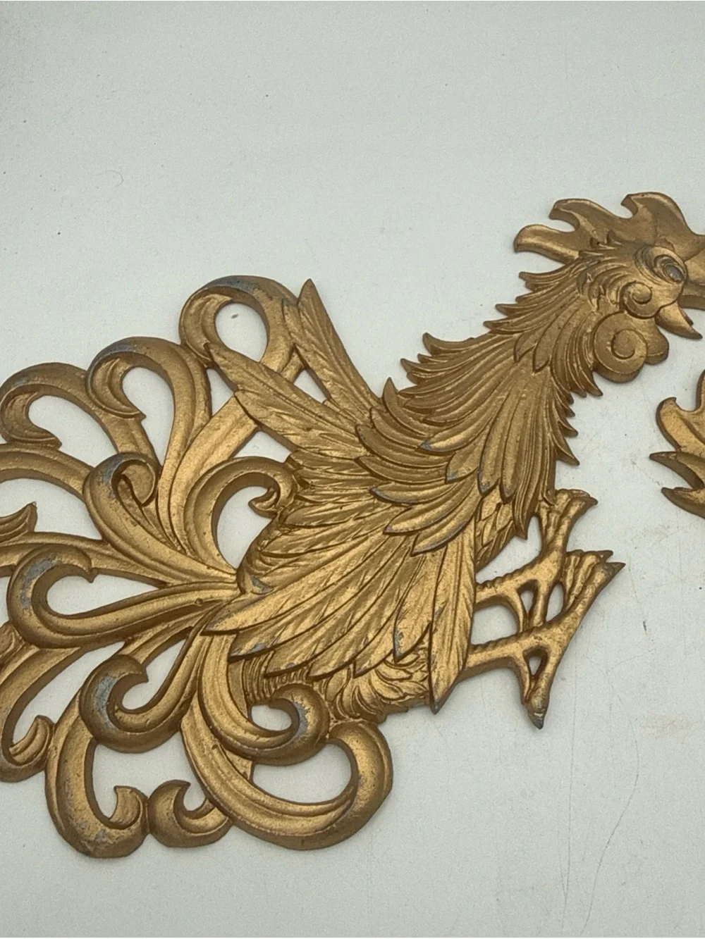 2 VTG Fighting Roosters  Gold Color Painted Cast Metal Wall Decor 9”  Farmhouse